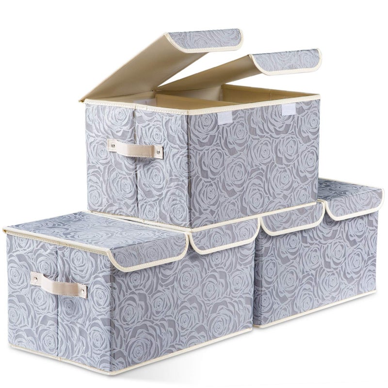 PRANDOM Large Foldable Storage Bins with Lids Fabric Decorative Storage Box Cubes Organizer Containers Baskets with Cover Handles Removable Divider for Home Bedroom Closet 17.3x11.8x9.8 Inch 3 Pack - Image 1